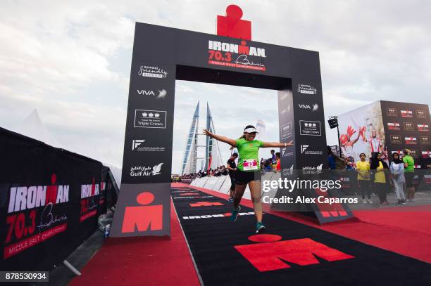 Competitors react as they finish IronGirl race ahead of IRONMAN 70.3 Middle East Championship Bahrain on November 24, 2017 in Bahrain, Bahrain.