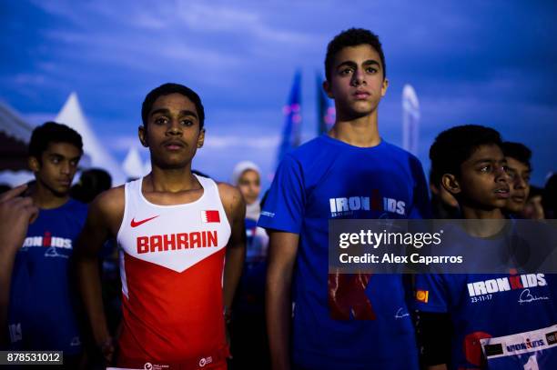 Kids prepare before Ironkids race ahead of IRONMAN 70.3 Middle East Championship Bahrain on November 24, 2017 in Bahrain, Bahrain.