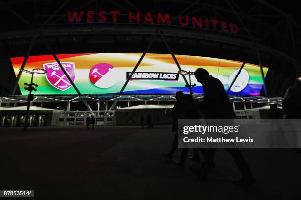 The stadium is illuminated in support of the Stonewall Rainbow Laces campaign prior to the Premier League match between West Ham United and Leicester...