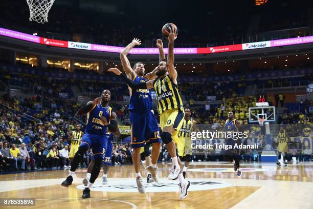 Luigi Datome, #70 of Fenerbahce Dogus and Sergey Monia, #12 of Khimki Moscow in action during the 2017/2018 Turkish Airlines EuroLeague Regular...