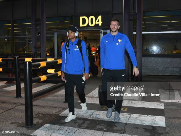 Dalbert Henrique Chagas Estevão and Davide Santon of FC Internazionale depart to Cagliari on November 24, 2017 in Como, Italy.