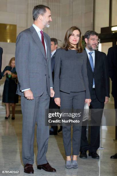 King Felipe VI of Spain and Queen Letizia of Spain attends a meeting at the National Library on November 24, 2017 in Madrid, Spain.