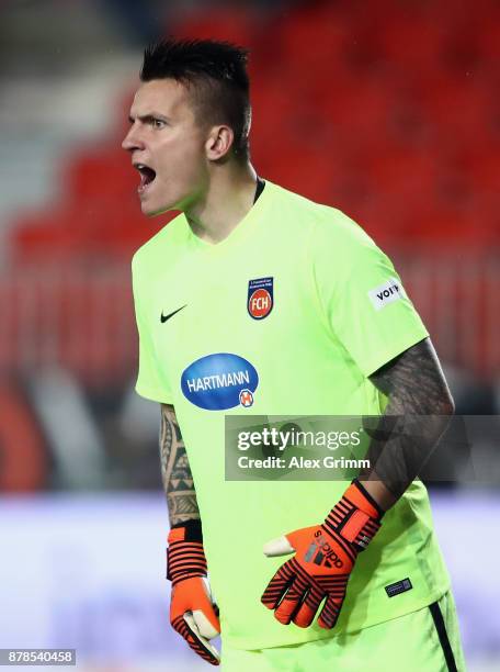 Goalkeeper Kevin Mueller of Heidenheim reacts during the Second Bundesliga match between SV Sandhausen and 1. FC Heidenheim 1846 at BWT-Stadion am...