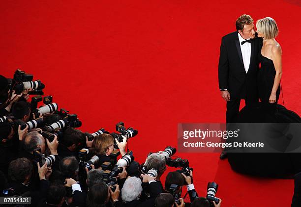 Actor Johnny Hallyday and his wife Laetitia Hallyday attend the Vengeance Premiere at the Palais Des Festivals during the 62nd International Cannes...