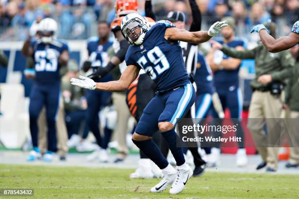 Wesley Woodyard of the Tennessee Titans celebrates after a big play during a game against the Cincinnati Bengals at Nissan Stadium on November 12,...