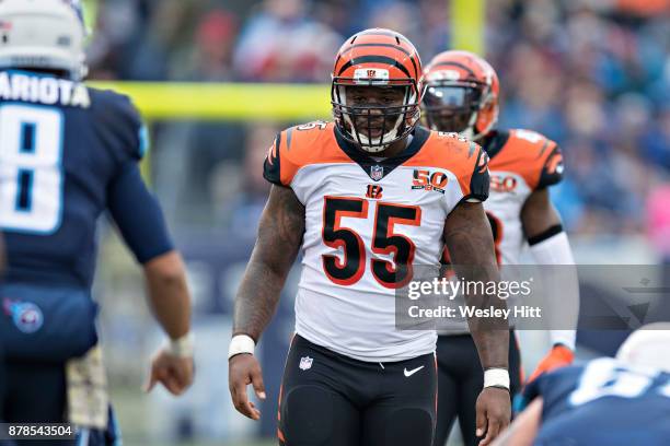 Vontaze Burfict of the Cincinnati Bengals looks over the offense before a play during a game against the Tennessee Titans at Nissan Stadium on...