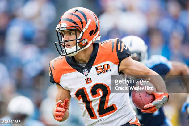 Alex Erickson of the Cincinnati Bengals runs the ball during a game against the Tennessee Titans at Nissan Stadium on November 12, 2017 in Nashville,...