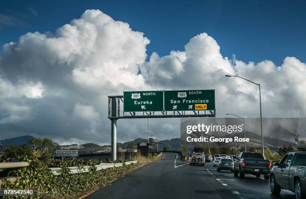Quick autumn storm freshens the air over Highway 12 at the Highway 101 intersection near downtown on November 12 in Santa Rosa, California. With the...