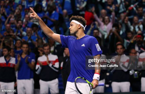 Jo-Wilfried Tsonga of France celebrates his victory against Steve Darcis of Belgium during day 1 of the Davis Cup World Group Final between France...