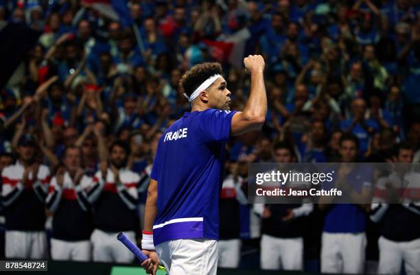 Jo-Wilfried Tsonga of France celebrates his victory against Steve Darcis of Belgium during day 1 of the Davis Cup World Group Final between France...