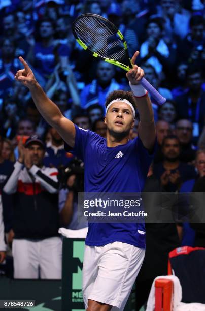 Jo-Wilfried Tsonga of France celebrates his victory against Steve Darcis of Belgium during day 1 of the Davis Cup World Group Final between France...
