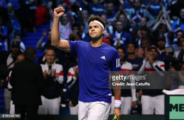 Jo-Wilfried Tsonga of France celebrates his victory against Steve Darcis of Belgium during day 1 of the Davis Cup World Group Final between France...