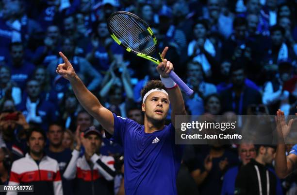 Jo-Wilfried Tsonga of France celebrates his victory against Steve Darcis of Belgium during day 1 of the Davis Cup World Group Final between France...