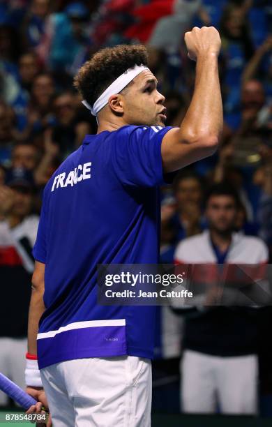 Jo-Wilfried Tsonga of France celebrates his victory against Steve Darcis of Belgium during day 1 of the Davis Cup World Group Final between France...