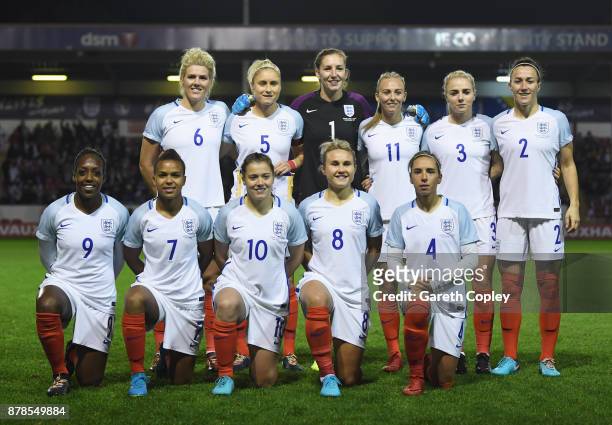 The England team line up prior to the FIFA Women's World Cup Qualifier between England and Bosnia and Herzegovina Women at Banks's Stadium on...
