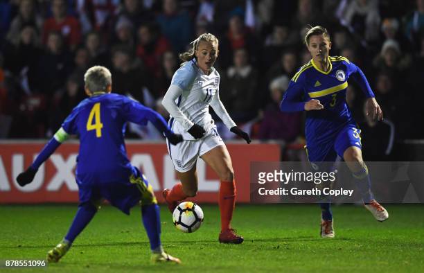 Toni Duggan of England takes on Amira Spahic and Antonela Radeljic of Bosnia and Herzegovina during the FIFA Women's World Cup Qualifier between...