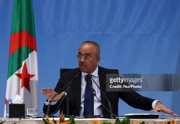 Minister of the Interior Noureddine Bedoui presents the official results of the local elections at the CIC conference center in Algiers on November...