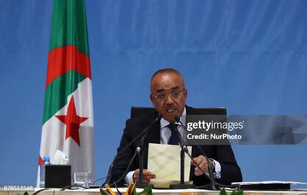 Minister of the Interior Noureddine Bedoui presents the official results of the local elections at the CIC conference center in Algiers on November...