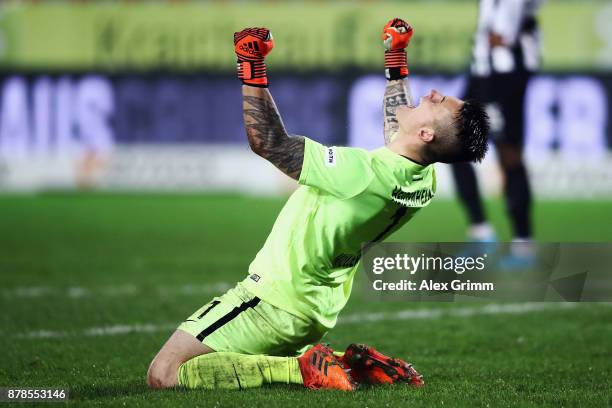 Goalkeeper Kevin Mueller of Heidenheim celebrates after the final whistle of the Second Bundesliga match between SV Sandhausen and 1. FC Heidenheim...