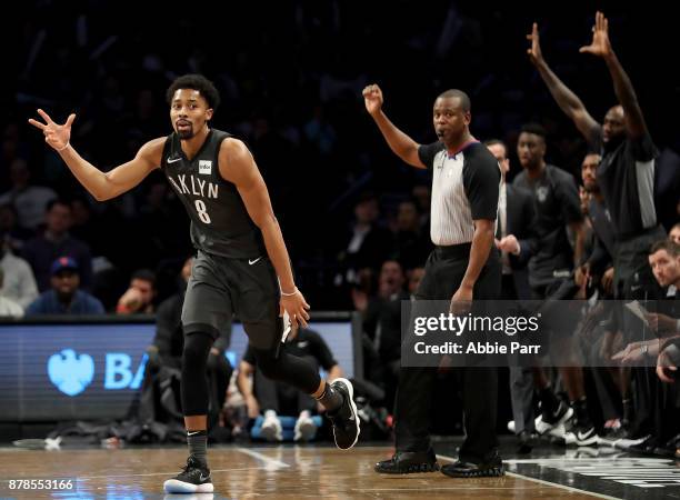 Spencer Dinwiddie of the Brooklyn Nets reacts after making a three point shot in the fourth quarter against the Portland Trail Blazers at Barclays...