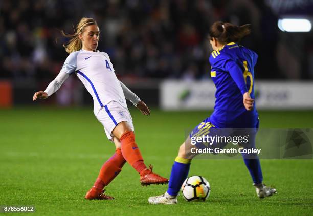 Jordan Nobbs of England is faced by Marija Aleksic of Bosnia and Herzegovina during the FIFA Women's World Cup Qualifier between England and Bosnia...