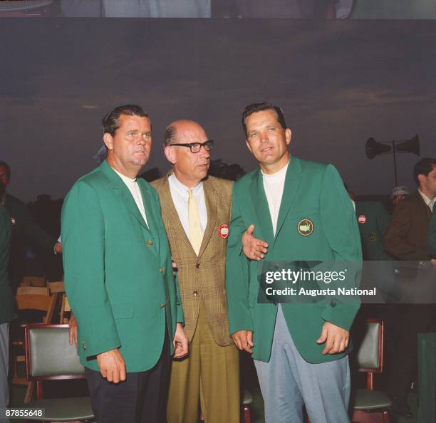 Gay Brewer and Bob Goalby stand in their Green Jackets during the 1968 Masters Tournament Presentation Ceremony at Augusta National Golf Club in...