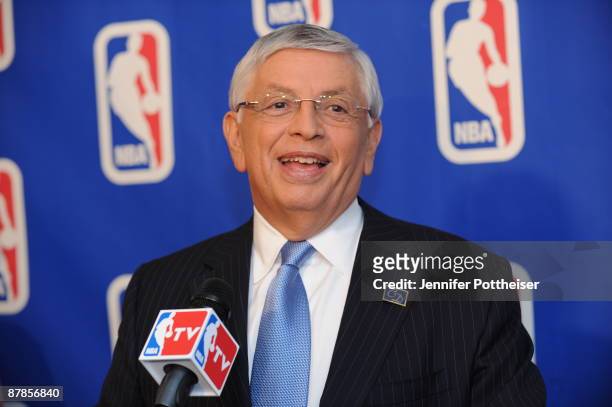 Commissioner David Stern talks to the media prior to the 2009 NBA Draft Lottery at the Studios at NBA Entertainment on May 19, 2009 in Secaucus, New...