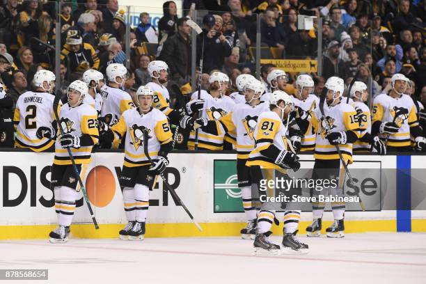The Pittsburgh Penguins celebrate a goal in the second period against the Boston Bruins at the TD Garden on November 24, 2017 in Boston,...