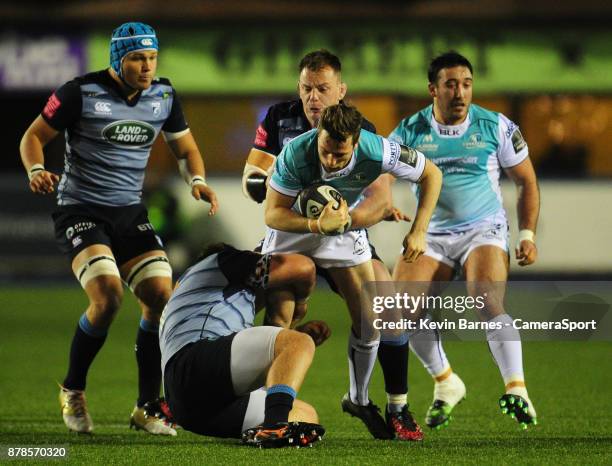 Connacht's Jack Carty is tackled by Cardiff Blues' Corey Domachowski during the Guinness Pro14 Round 9 match between Cardiff Blues and Connacht Rugby...