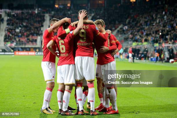 Alireza Jahanbakhsh of AZ Alkmaar celebrates 1-0 with Mats Seuntjens of AZ Alkmaar, Fredrik Midtsjo of AZ Alkmaar, Wout Weghorst of AZ Alkmaar,...