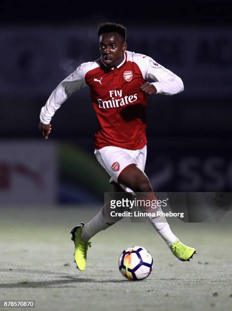 Tolaji Bola of Arsenal in action during the Premier League 2 match between Arsenal and West Ham United at Meadow Park on November 24, 2017 in...