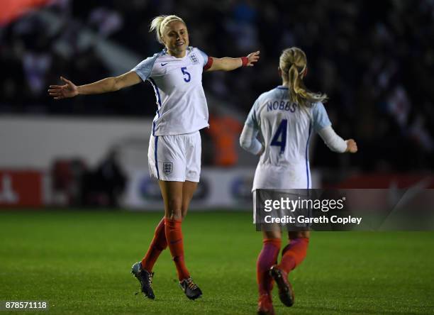 Steph Houghton of England celebrates scoring her second goal during the FIFA Women's World Cup Qualifier between England and Bosnia at Banks' Stadium...