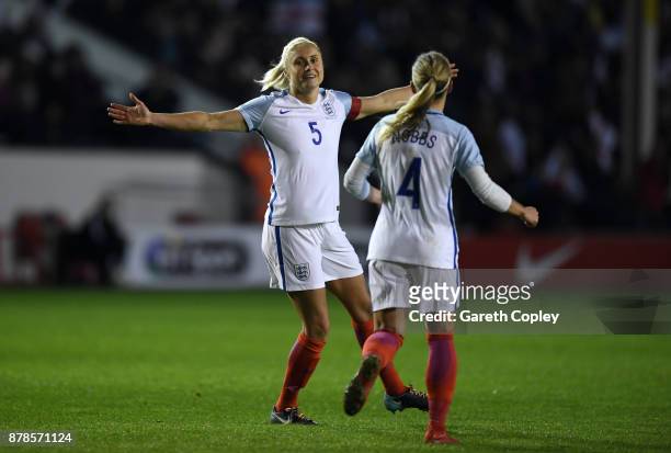 Steph Houghton of England celebrates scoring her second goal during the FIFA Women's World Cup Qualifier between England and Bosnia at Banks' Stadium...