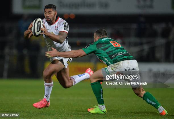 Belfast , Ireland - 24 November 2017; Charles Piutau of Ulster is tackled by Robert Barbieri of Benetton during the Guinness PRO14 Round 9 match...