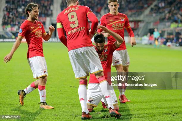 Alireza Jahanbakhsh of AZ Alkmaar celebrates 1-0 with Joris van Overeem of AZ Alkmaar, Wout Weghorst of AZ Alkmaar, Guus Til of AZ Alkmaar during the...