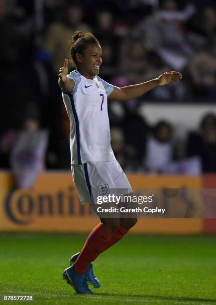 Nikita Parris of England celebrates scoring her team's second goal during the FIFA Women's World Cup Qualifier between England and Bosnia at Banks'...