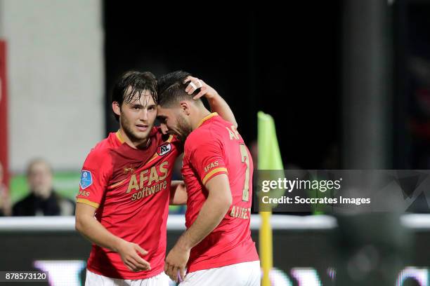 Joris van Overeem of AZ Alkmaar celebrates 2-0 with Alireza Jahanbakhsh of AZ Alkmaar during the Dutch Eredivisie match between AZ Alkmaar v Fc...