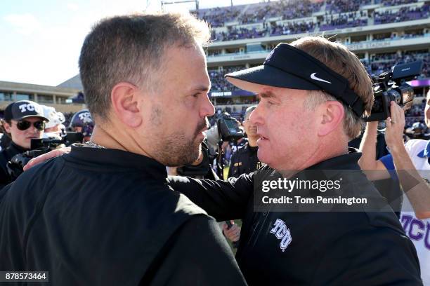 Head coach Matt Rhule of the Baylor Bears shakes hands with head coach Gary Patterson of the TCU Horned Frogs after the TCU Horned Frogs beat the...