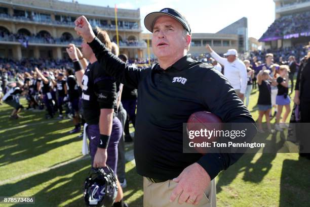 Head coach Gary Patterson of the TCU Horned Frogs celebrates after the TCU Horned Frogs beat the Baylor Bears 45-22 at Amon G. Carter Stadium on...