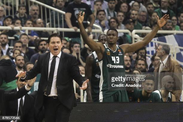 Xavi Pascual , head coach of Panathinaikos Superfoods and Thanasis Antetokounpo react against a decision of the referee during the Turkish Airlines...