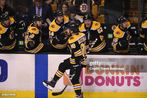 David Pastrnak of the Boston Bruins celebrates a goal in the third period against the Pittsburgh Penguins at the TD Garden on November 24, 2017 in...