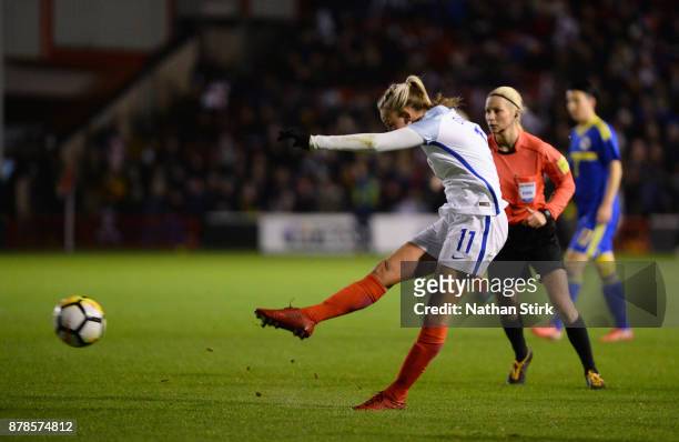 Toni Duggan of England shoots at goal during the FIFA Women's World Cup Qualifier between England and Bosnia at Banks' Stadium on November 24, 2017...