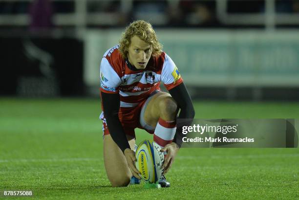 Billy Twelvetrees of Gloucester Rugby places the ball during the Aviva Premiership match between Newcastle Falcons and Gloucester Rugby at Kingston...