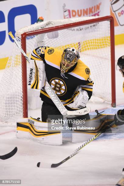 Anton Khudobin of the Boston Bruins makes a save against the Pittsburgh Penguins at the TD Garden on November 24, 2017 in Boston, Massachusetts.