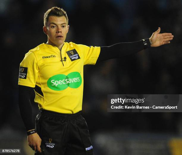 Referee Craig Evans during the Guinness Pro14 Round 9 match between Cardiff Blues and Connacht Rugby at Cardiff Arms Park on November 4, 2017 in...