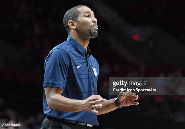 Butler University Head Coach LaVall Jordan directs his team from the sideline In a college basketball game during the PK80-Phil Knight Invitational...