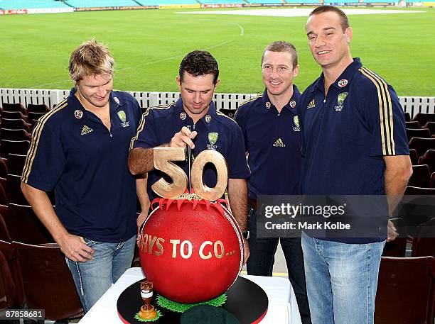 Shane Watson, Ricky Ponting, Brad Haddin and Stuart Clark pose during the cutting of a cake to celebrate 50 days to go until the first Ashes test...