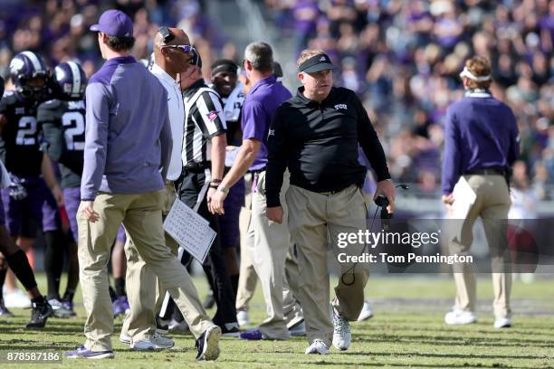 Head coach Gary Patterson of the TCU Horned Frogs orders his players to the sidelines after a scrum broke out against Baylor Bears in the second half...