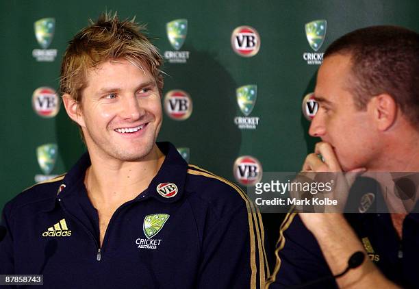 Shane Watson and Stuart Clark share a laugh during a press conference for the announcement of the Australian Ashes squad for the 2009 Tour of England...
