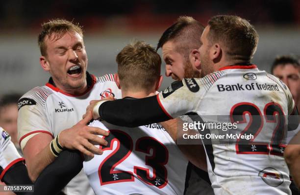 Belfast , Ireland - 24 November 2017; Andrew Trimble of Ulster celebrates with team-mates after scoring his side's second try during the Guinness...
